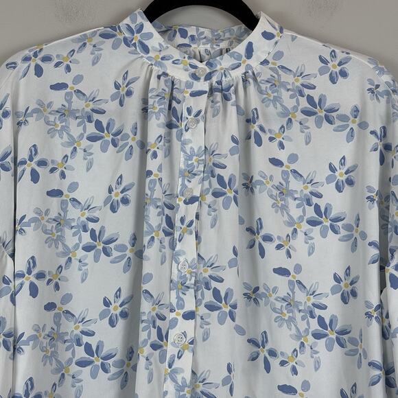 Dazy Floral Top Women Small White Blue Long Peasant Sleeve Button Up Cottagecore - Picture 2 of 8